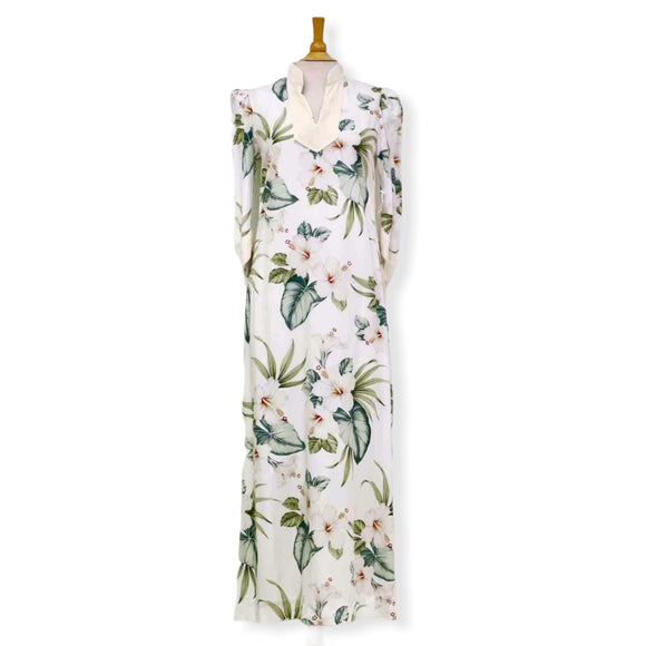 White Velvet Trim Mandarin Collar Hibiscus Dress 