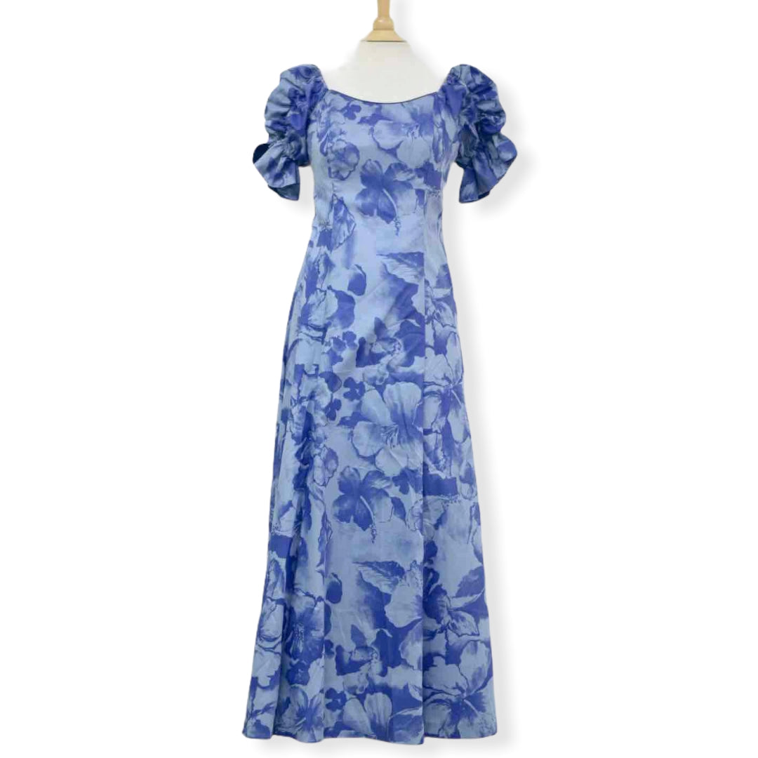 Hawaiian Muumuu Blue Dress with Half Sleeve in Hibiscus Print | Blue 2866