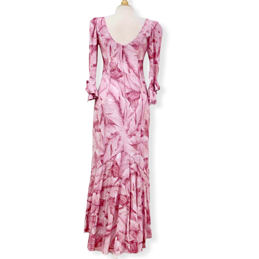 Pink Banana Leaf Rayon Long Hawaiian Dress 2701