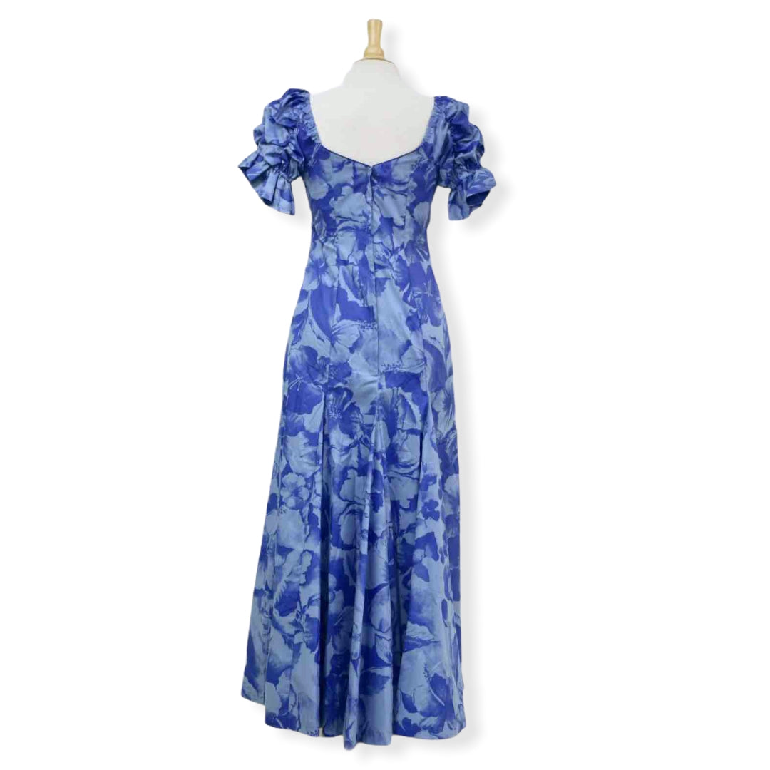 Hawaiian Muumuu Blue Dress with Half Sleeve in Hibiscus Print | Blue 2866