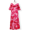 Muumuu Dress with V Neck Pink Plaid & Monstera Leaf Print　8631-1
