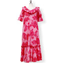 Muumuu Dress with V Neck Pink Plaid & Monstera Leaf Print