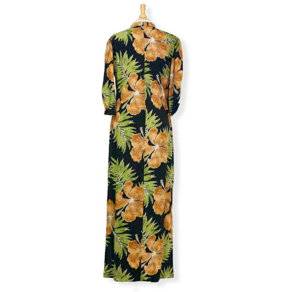 Brown Oriental Hawaiian Dress with Hibiscus Print