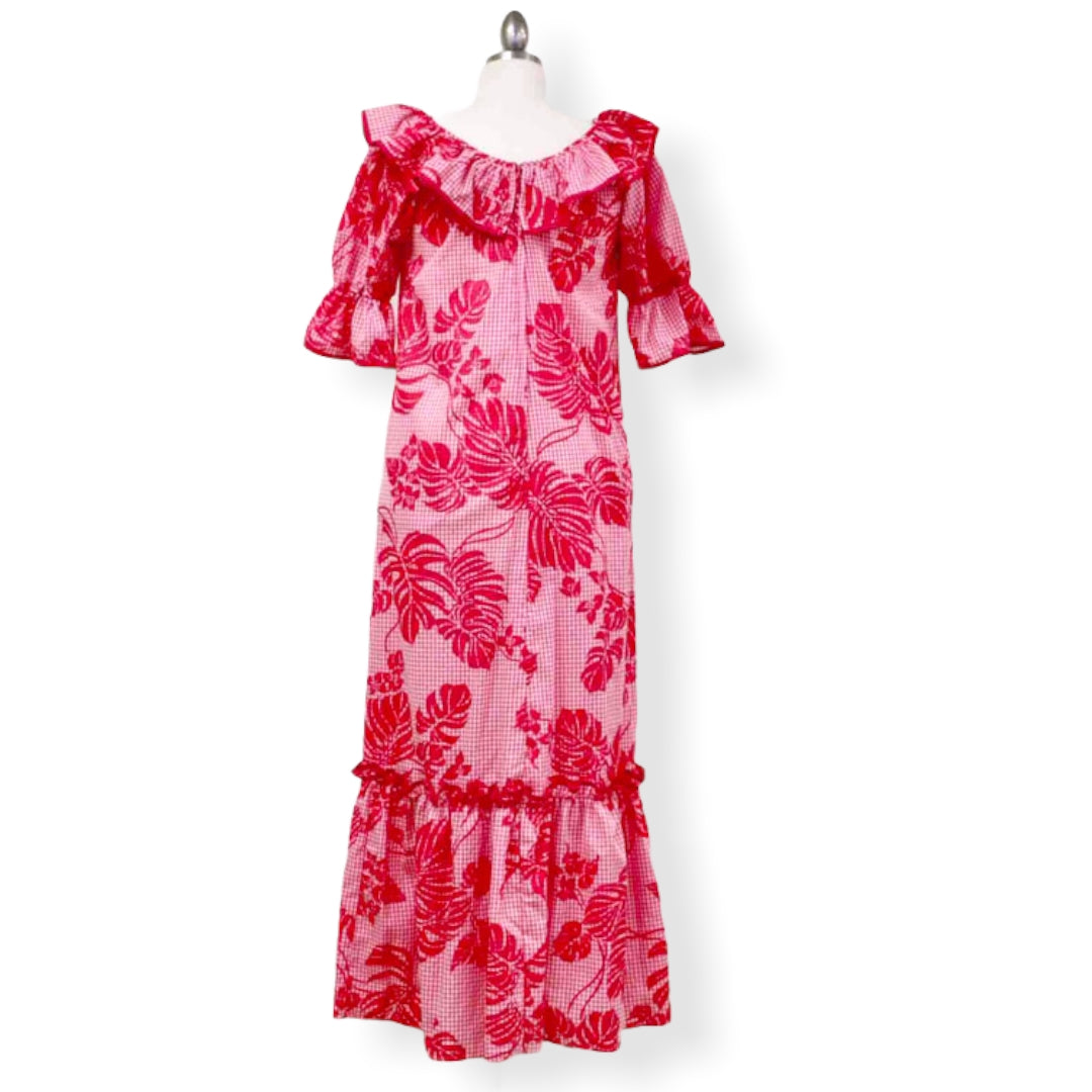 Muumuu Dress with V Neck Pink Plaid & Monstera Leaf Print　8631 - 0