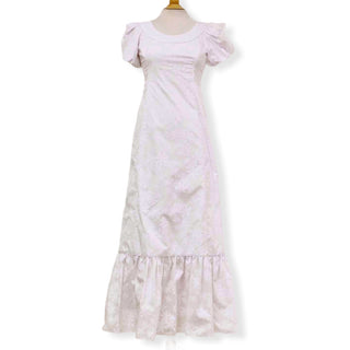 White Beach Wedding Dress with White Hawaiian Print | Crew Neck Puff Sleeve Tiare Flower print Hawaiian dress