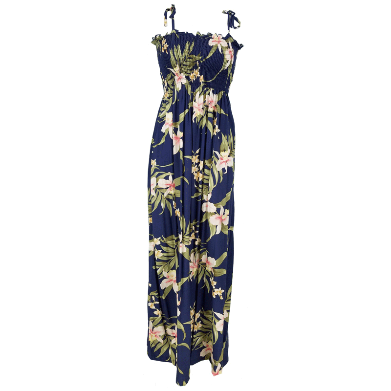 Tube Top Orchid Print One Size Dress, Navy - Muumuu Outlet