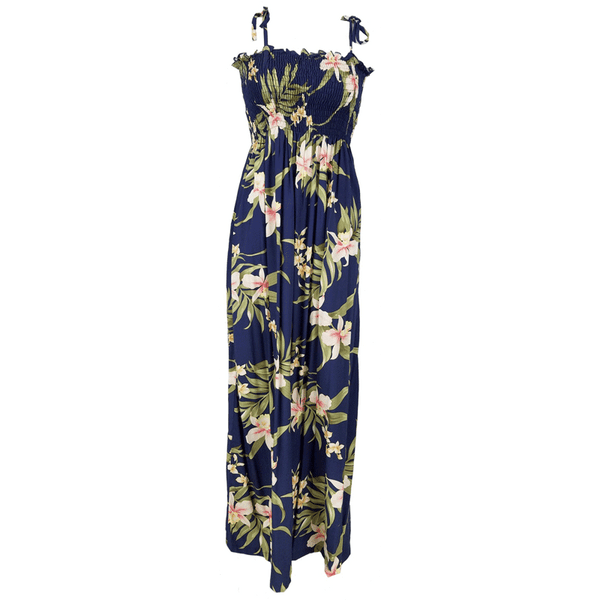 Tube Top Orchid Print One Size Dress, Navy - Muumuu Outlet