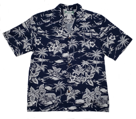Hawaiian Scenery Vintage Feeling Aloha Shirt | Navy - 0