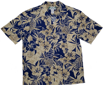 Navy Hawaiian Shirt with Pineapple and Hibiscus Print - 0
