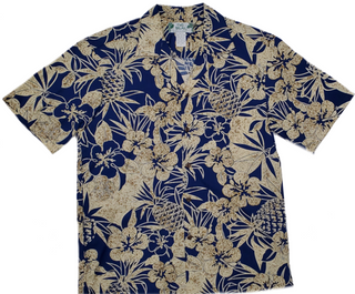 Navy Hawaiian Shirt with Pineapple and Hibiscus Print