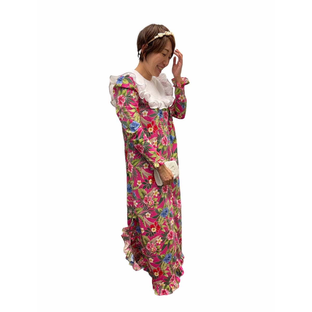 mock neck long sleeve mumu dress pink vintage Long Sleeve Bright Pink Vintage Style Muumuu 464 6
