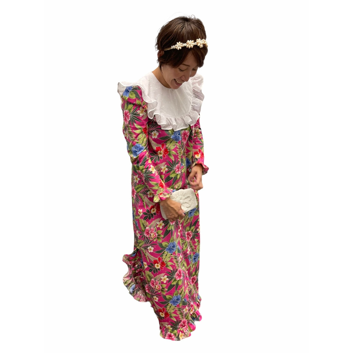 mock neck long sleeve mumu dress pink vintage Long Sleeve Bright Pink Vintage Style Muumuu 464 6