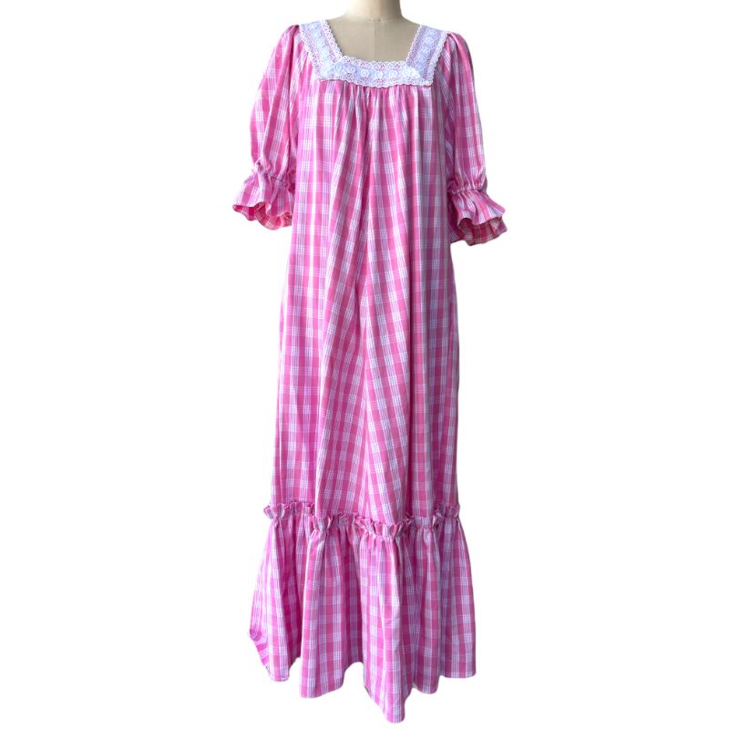 Pink Palaka Vintage Style Muumuu With White Lace Trim 8891