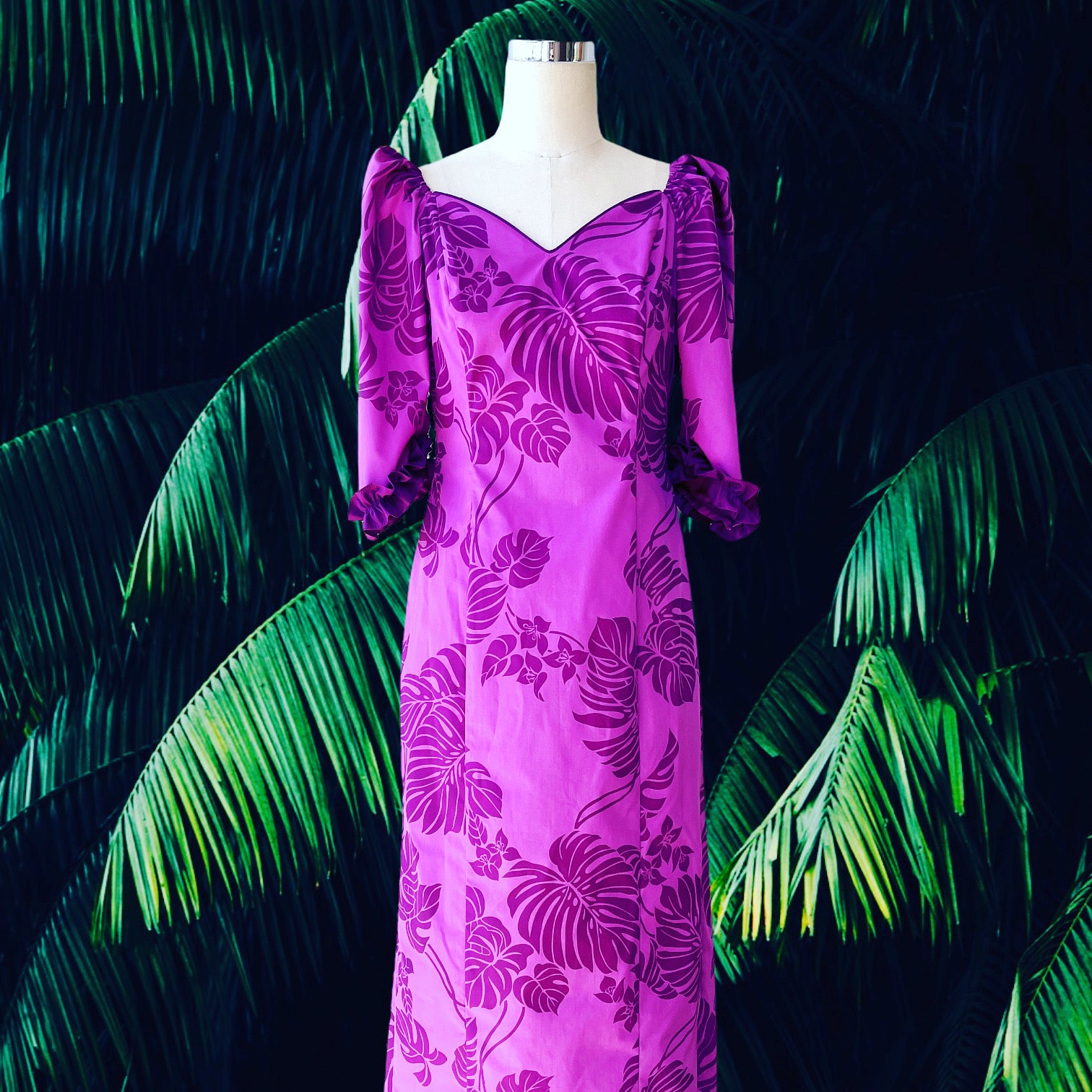 Monstera Print Magenta Formal Hawaiian Dress - In Hand Screen Printed Special Fabric 2678