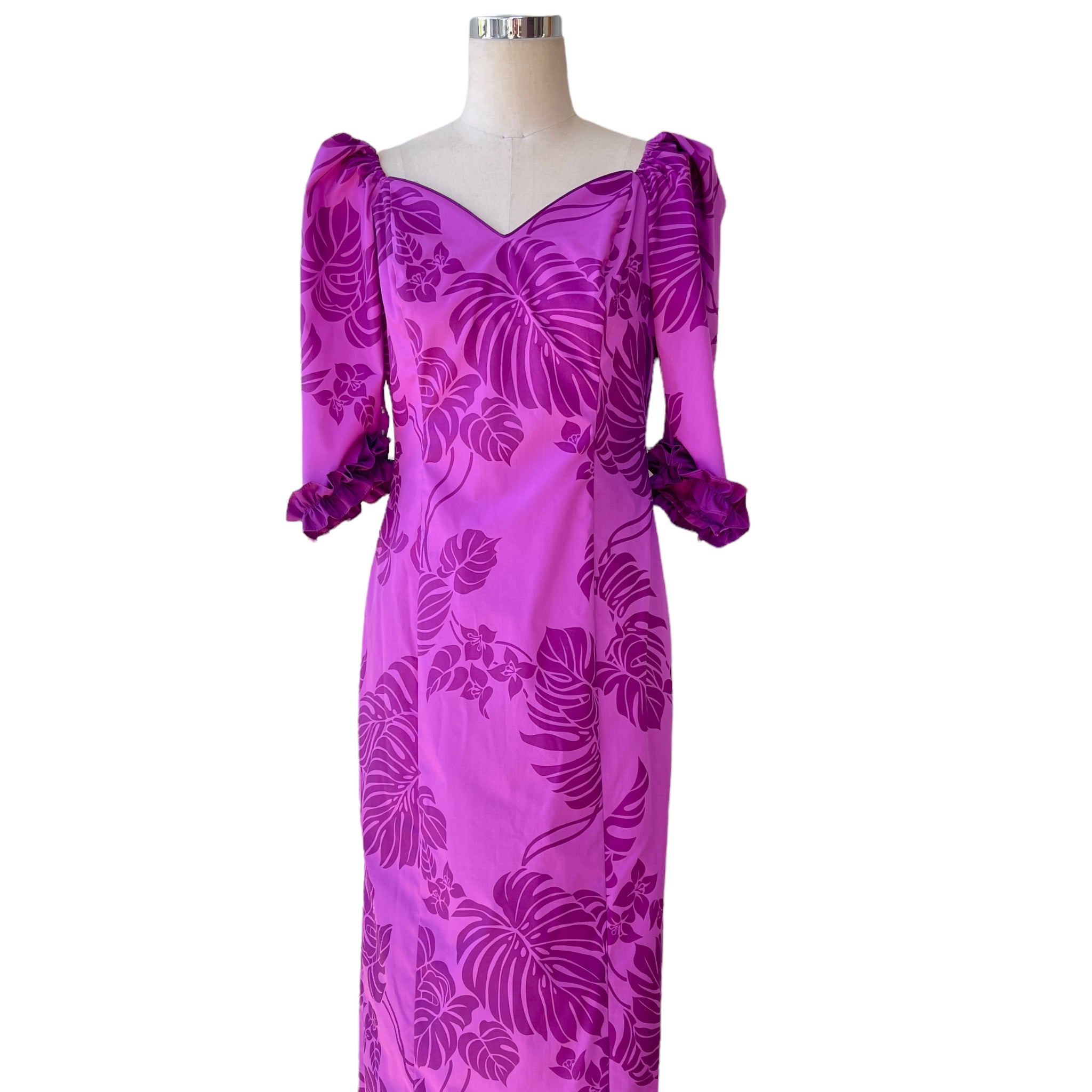 Monstera Print Magenta Formal Hawaiian Dress - in Hand Screen Printed Special Fabric 2678 2 Monstera Print Magenta Formal Hawaiian Dress - in Hand Screen Printed Special Fabric 2678 2