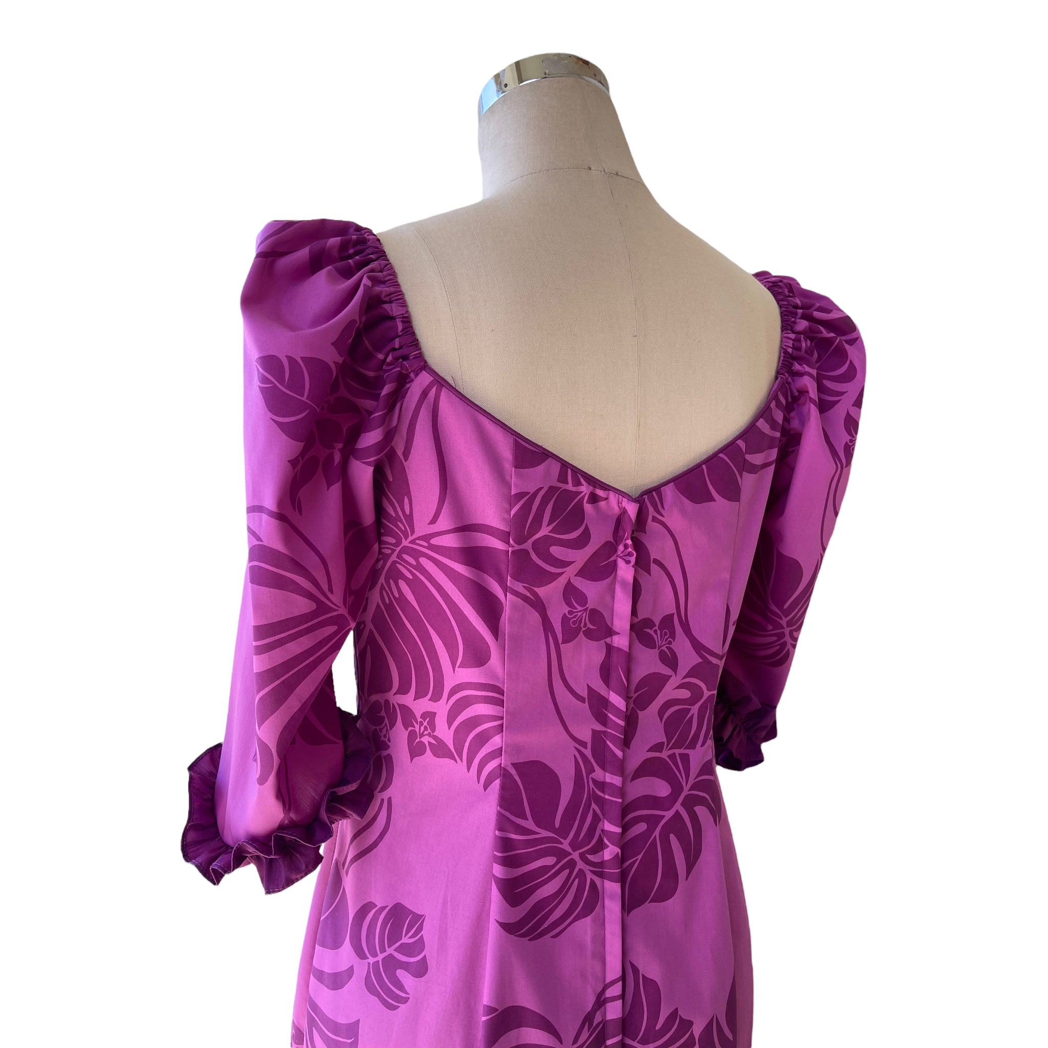 Monstera Print Magenta Formal Hawaiian Dress - In Hand Screen Printed Special Fabric 2678