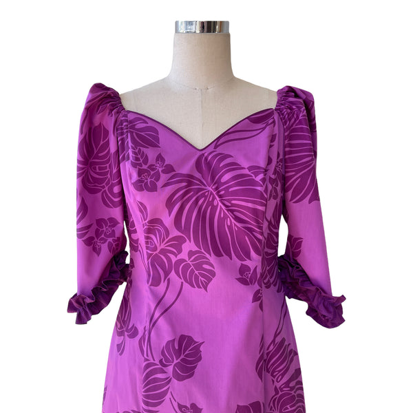Monstera Print Magenta Formal Hawaiian Dress - In Hand Screen Printed Special Fabric 2861