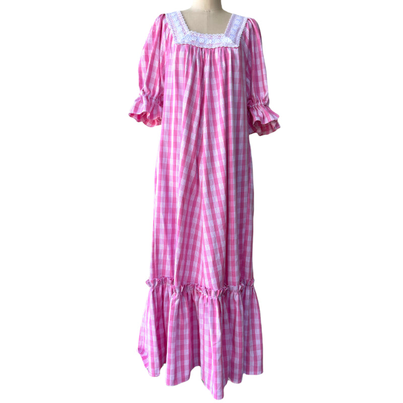 Pink Palaka Vintage Style Muumuu With White Lace Trim 8891 - 0