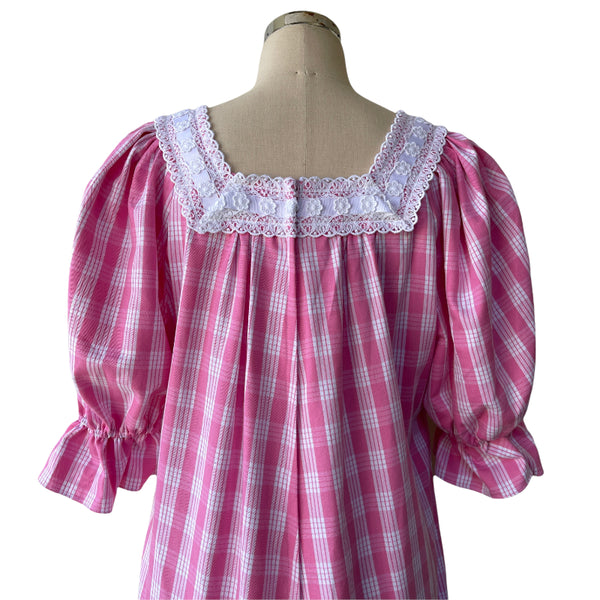 Pink Palaka Vintage Style Muumuu With White Lace Trim 8891