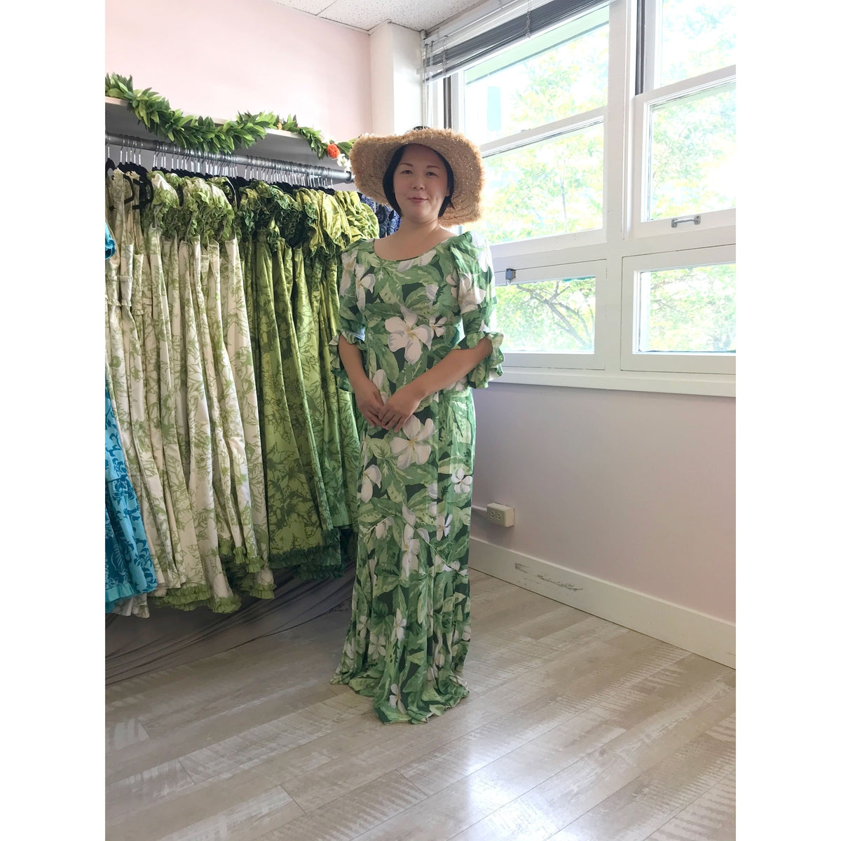 Plumeria Green Rayon Long Dress - Muumuu Outlet