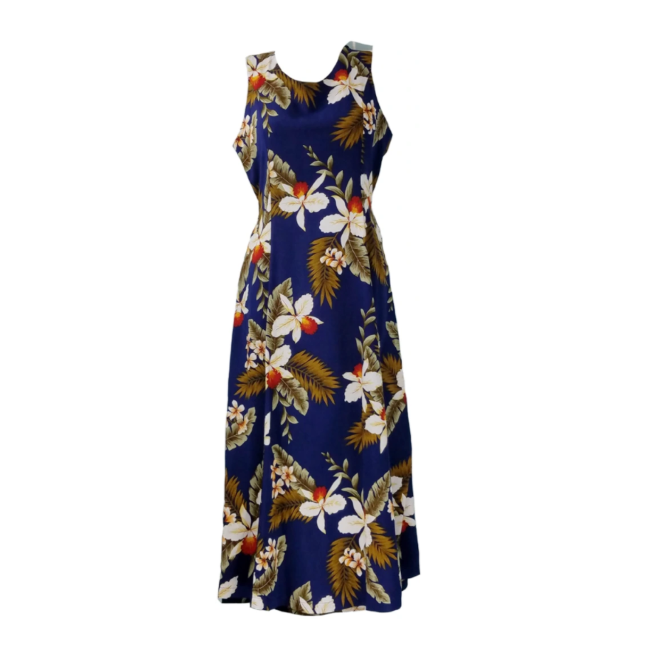 Orchid Floral Print Dress, Navy - Muumuu Outlet