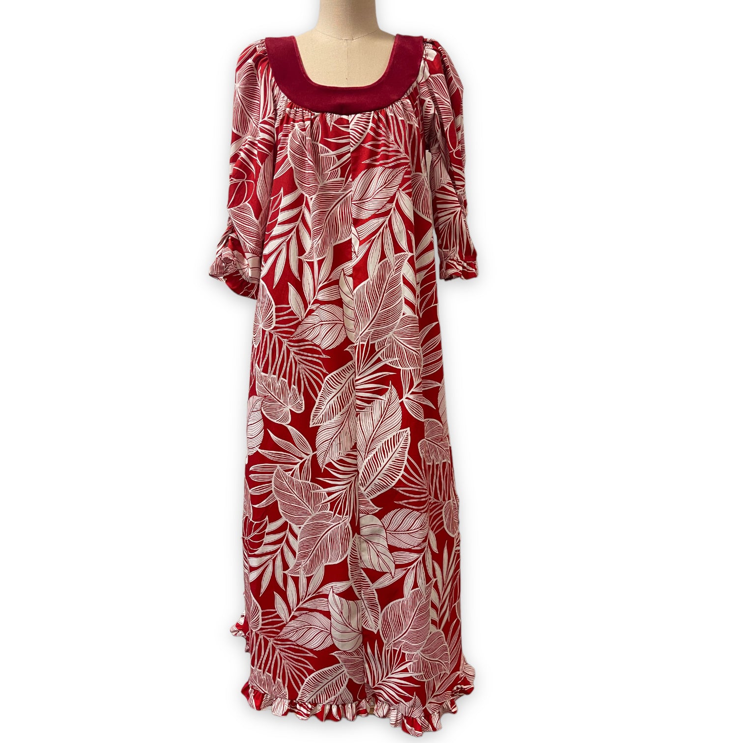 Velvet Trim Long Sleeve Hawaiian Muumuu Dress - Red Palm Leaf 6303 6306