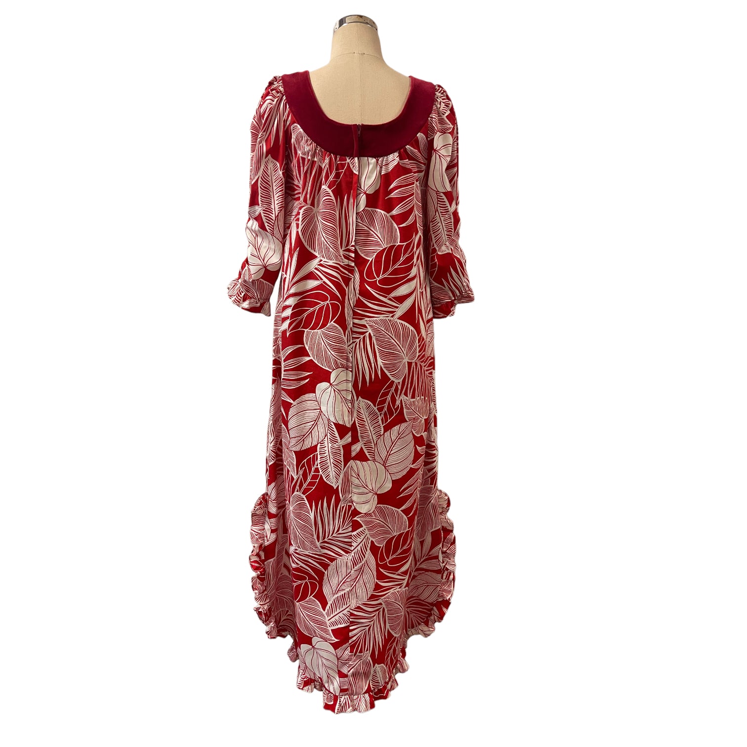 Velvet Trim Long Sleeve Hawaiian Muumuu Dress - Red Palm Leaf 6303 6306