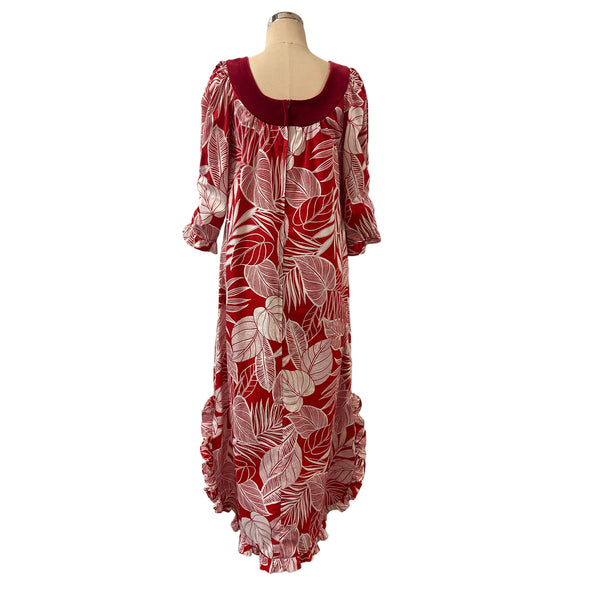 Velvet Trim Long Sleeve Hawaiian Muumuu Dress - Red Palm Leaf