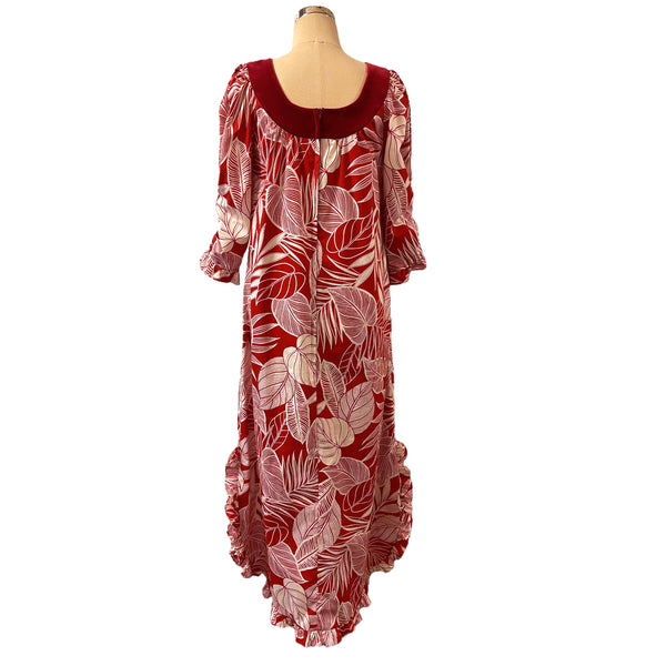 Velvet Trim Long Sleeve Hawaiian Muumuu Dress - Red Palm Leaf 6303 6306