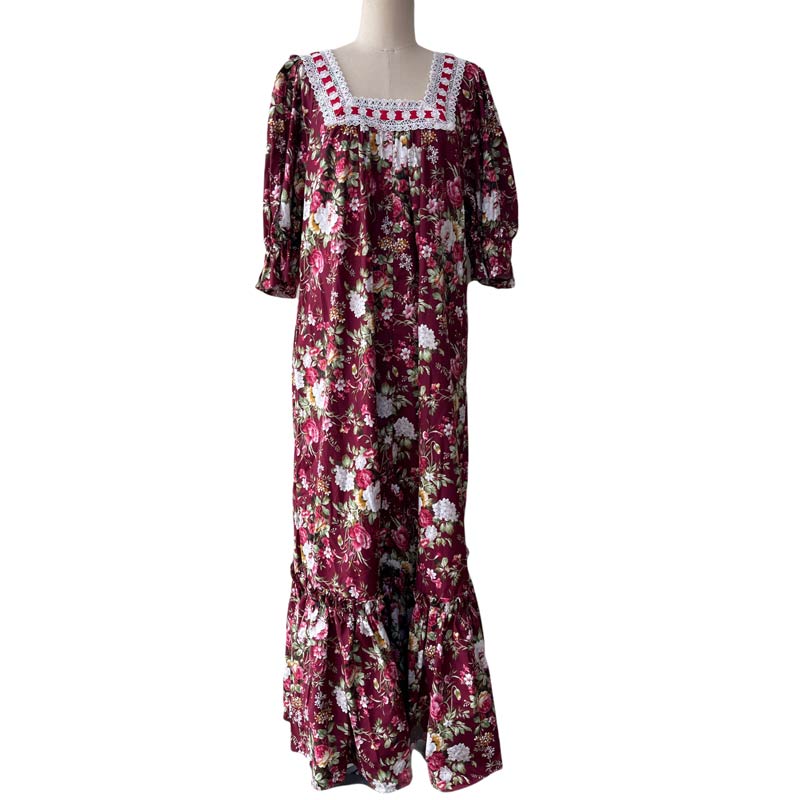 Hawaiian Muumuu Dress in Dark Red Floral Print Muumuu with White Lace Trim 8891