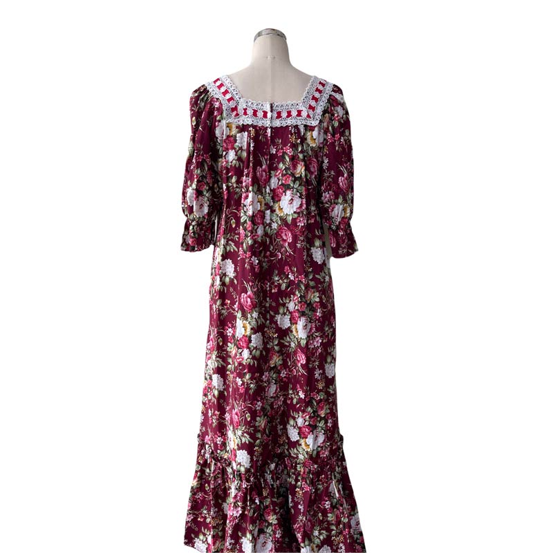 Hawaiian Muumuu Dress in Dark Red Floral Print Muumuu with White Lace Trim 8891