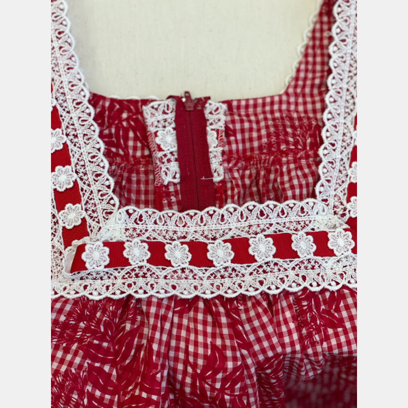 Red Gingham Check Cute Muumuu With White Lace Trim