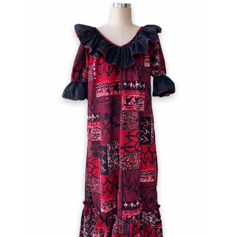 Red and Black Contrasting Polynesian Style Muumuu Dress 8631