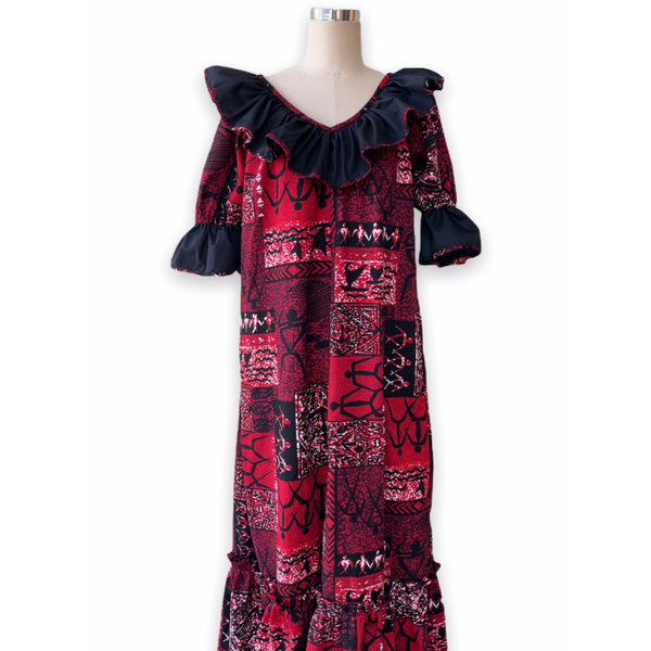 Red and Black Contrasting Polynesian Style Muumuu Dress