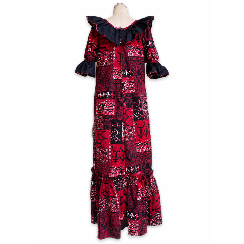 Red and Black Contrasting Polynesian Style Muumuu Dress 8631