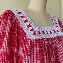 Red Gingham Check Cute Muumuu With White Lace Trim-3
