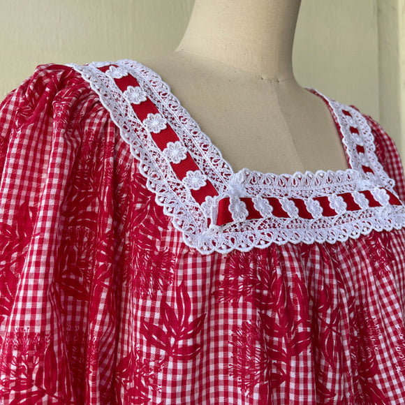 Red Gingham Check Cute Muumuu With White Lace Trim