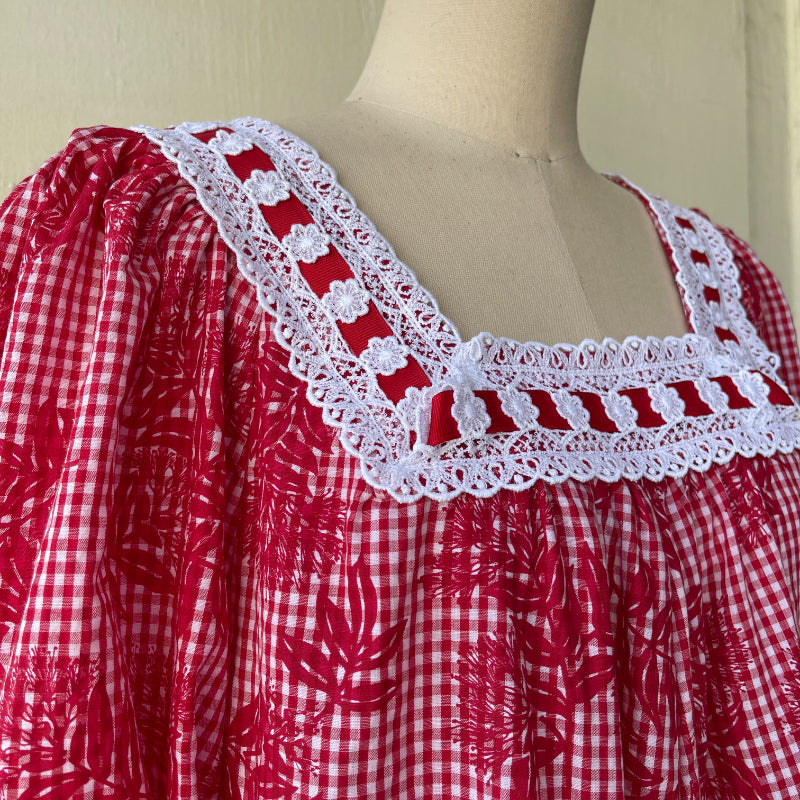 Red Gingham Check Cute Muumuu With White Lace Trim