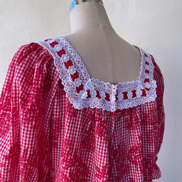 Red Gingham Check Cute Muumuu With White Lace Trim