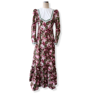 Large Roses Maroon Color Dress with Contrasting Green Ribbon with white Lace