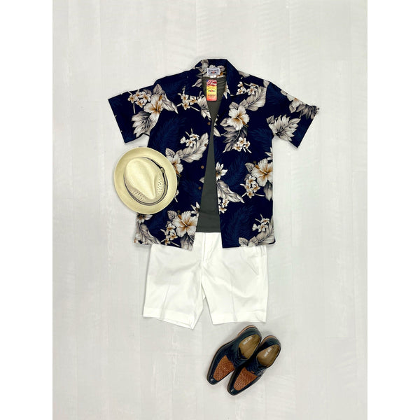 Hibiscus Cotton Aloha Shirt | Navy Blue - Muumuu Outlet