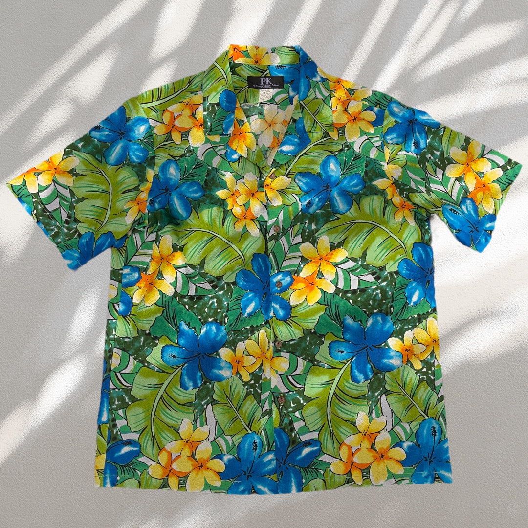 Colorful Water Color Hibiscus Print Hawaiian Shirt | Blue