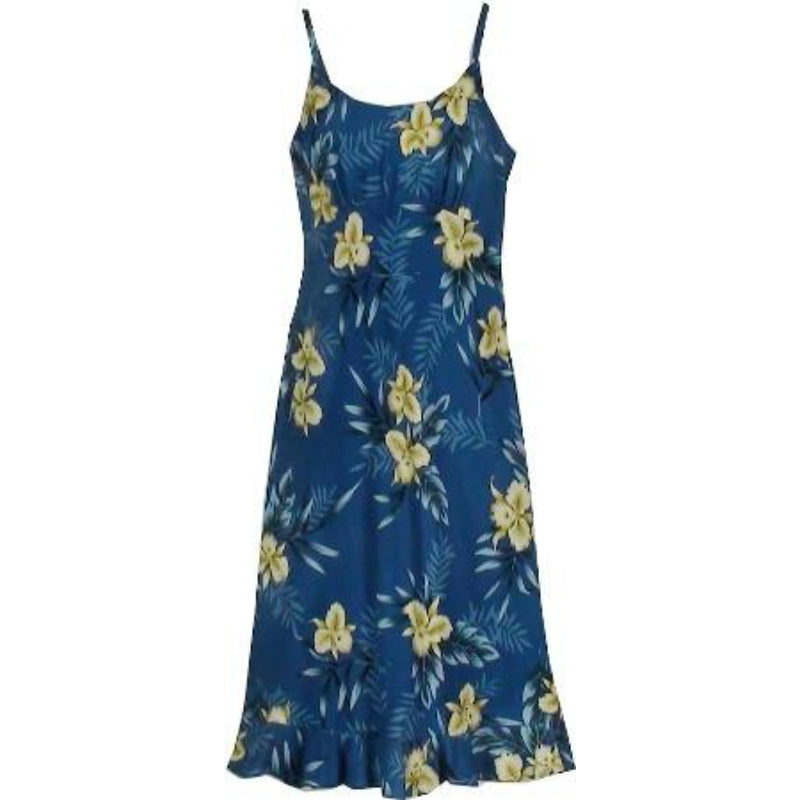 Orchid and Fern Print Spaghetti Strap Summer Floral Print Dress | White and Navy - 0