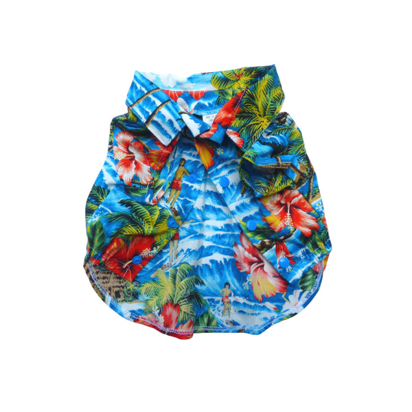 Pet clothing dog's blue Hawaiian print with diamond head, hibiscus, wave print shirt 