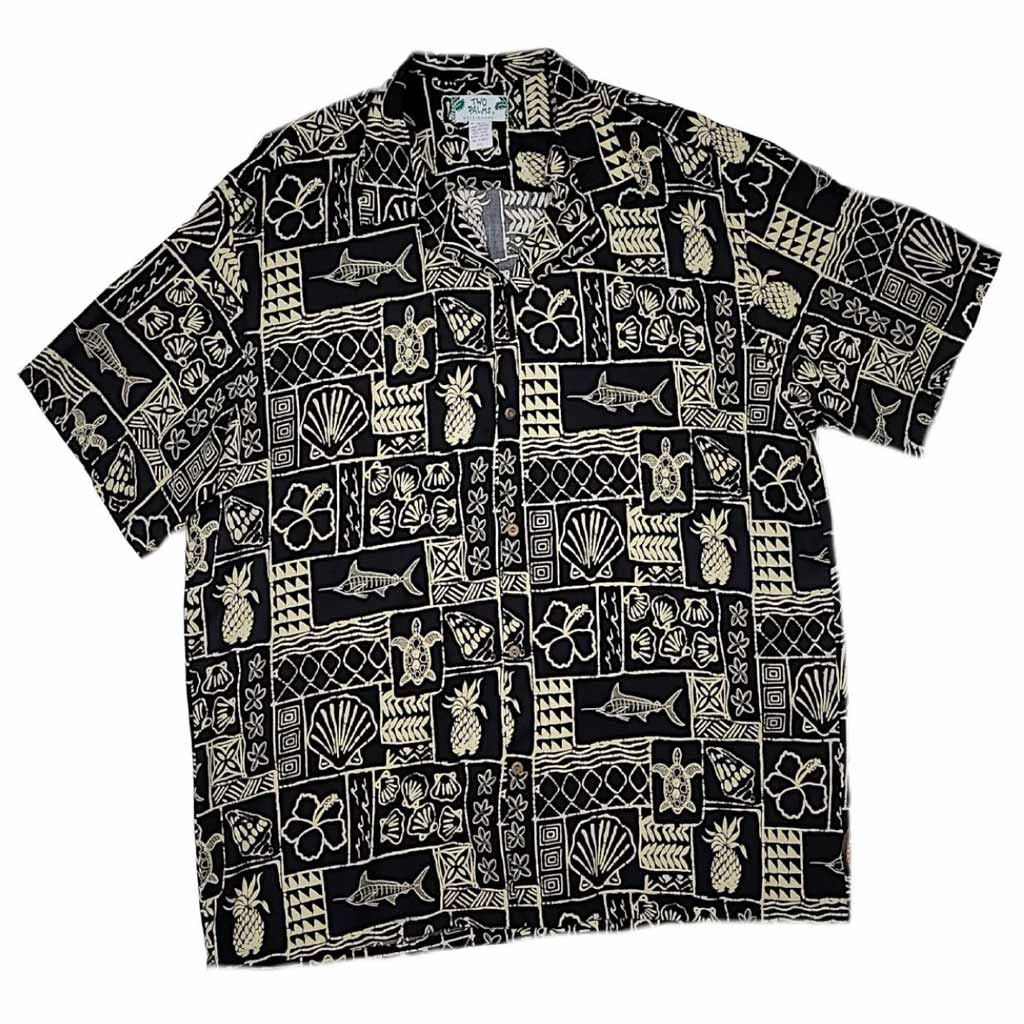 Buy black Polynesian Block Print Retro Vintage Style Hawaiian Shirt -Black