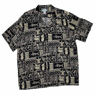 Buy black Polynesian Block Print Retro Vintage Style Hawaiian Shirt -Teal Green
