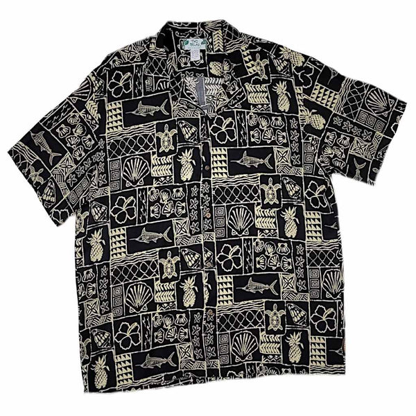 Polynesian Block Print Retro Vintage Style Hawaiian Shirt - black