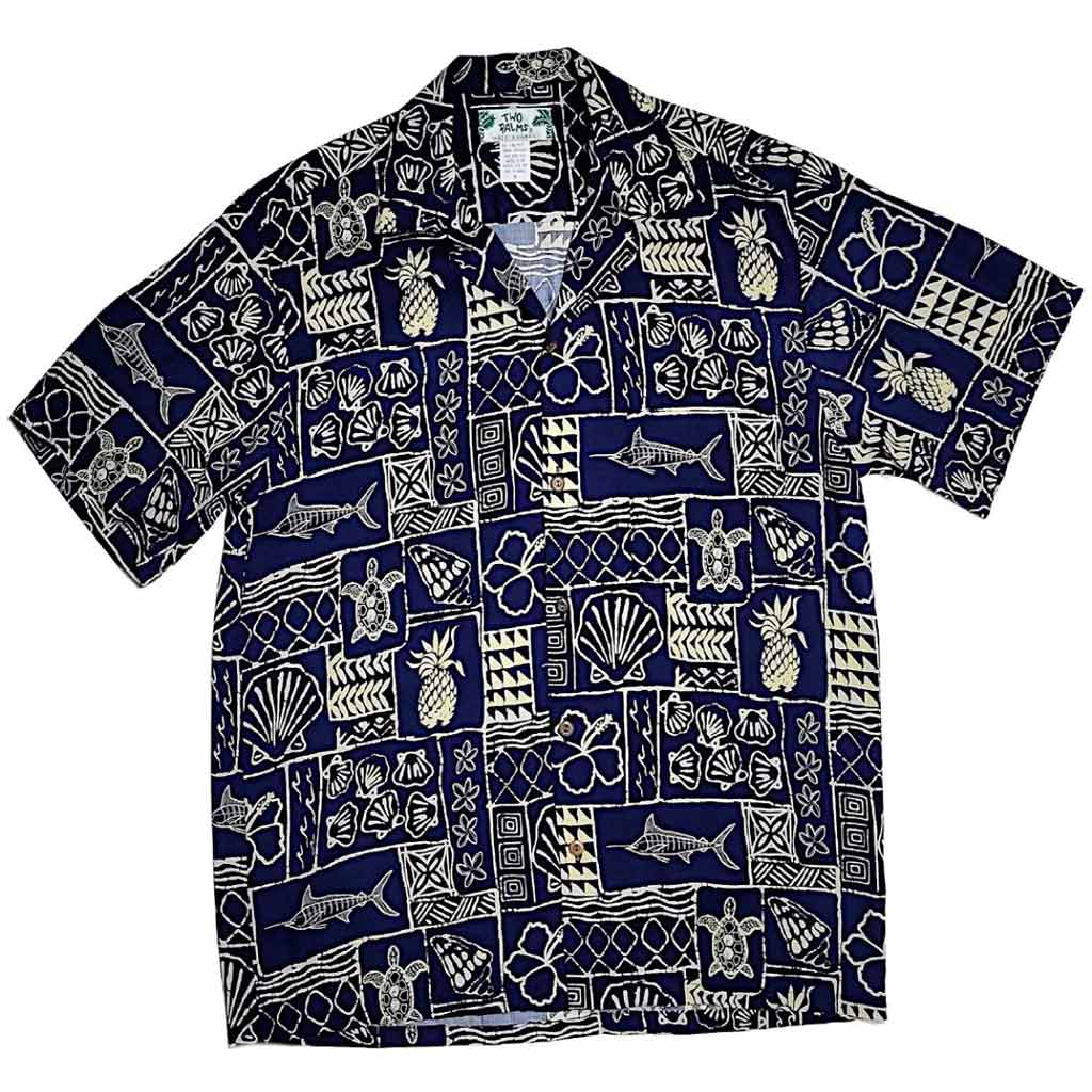 Buy navy Polynesian Block Print Retro Vintage Style Hawaiian Shirt -Black