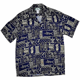 Buy navy Polynesian Block Print Retro Vintage Style Hawaiian Shirt - black