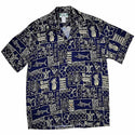 Polynesian Block Print Retro Vintage Style Hawaiian Shirt - Navy